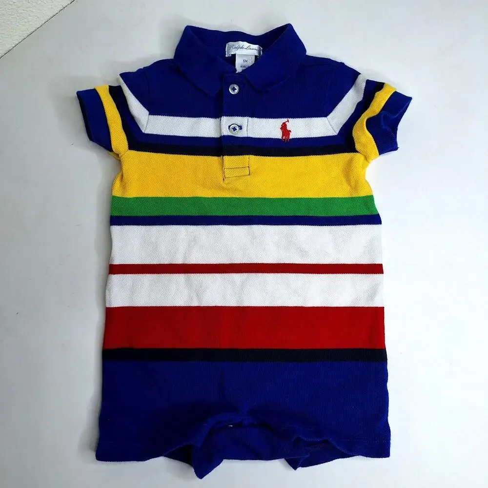 POLO Ralph Lauren Baby Boys Striped Cotton Mesh Polo Shortall 6m Primary Colors